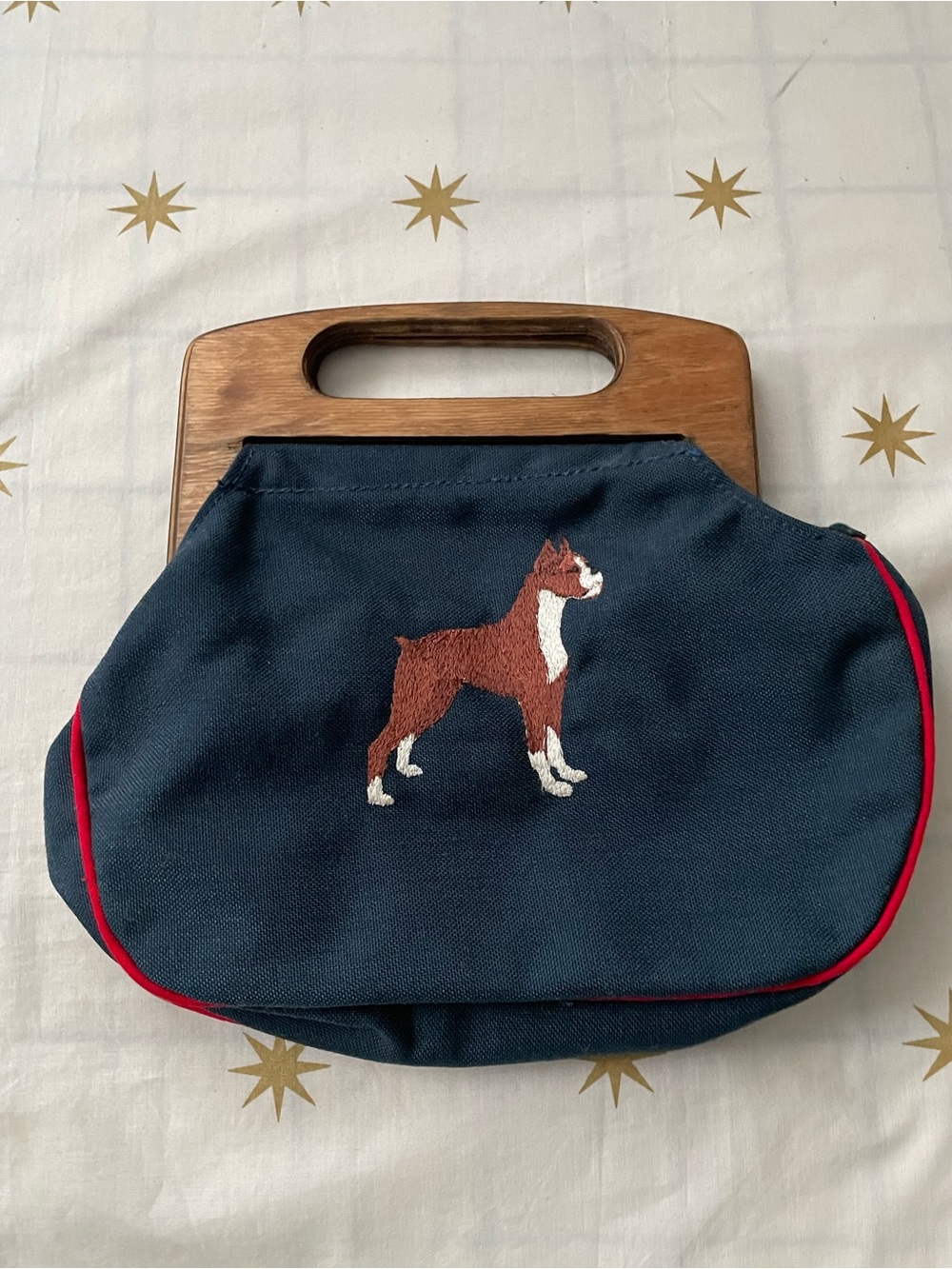 Vintage  Wood  Handle Canvas  Bag by Paws Boxer Dog
